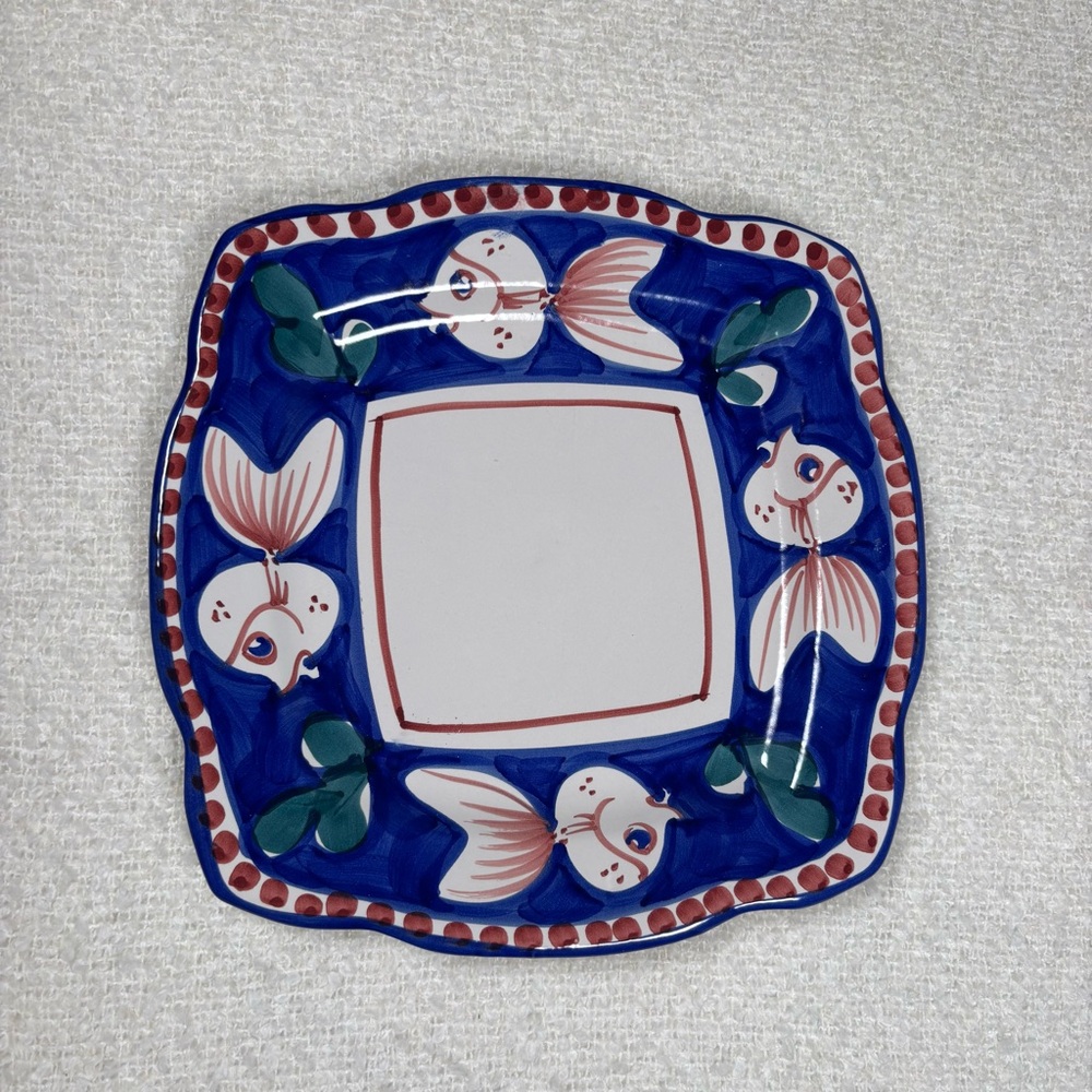 vintage‎ solimene vietri italy pottery art Royal blue fish square plate